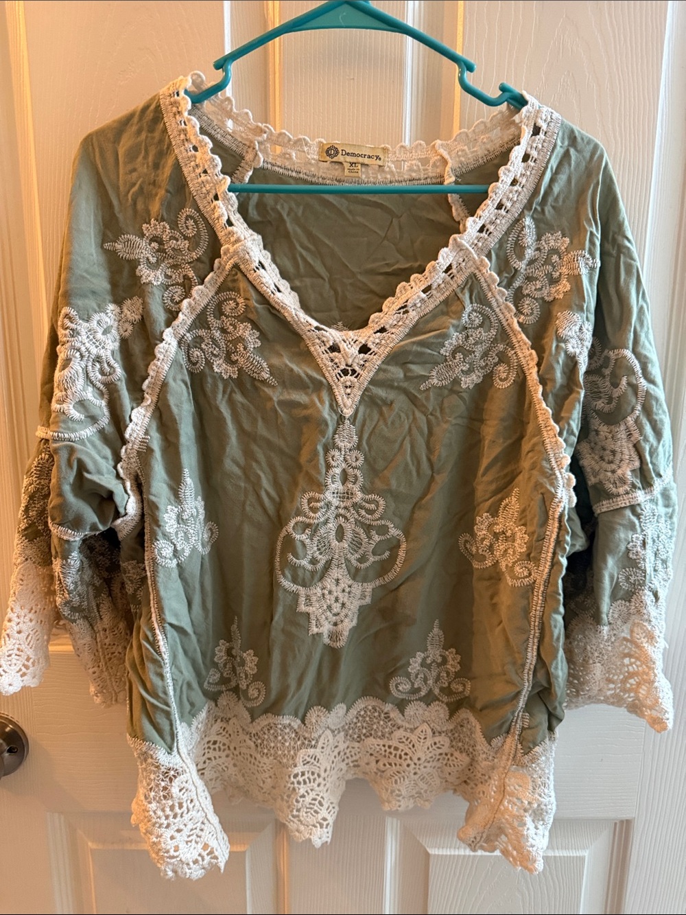 Democracy Sage Green Tunic with White Lace Embroidery